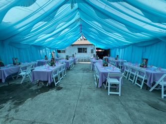 Tent, tent with draping, chairs, tables, linens, marquee