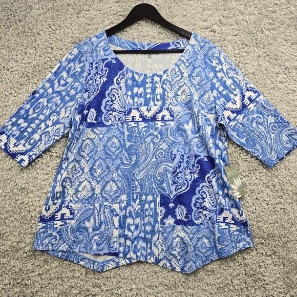 Habitat Blue Geometric Tunic Top Large Asymmetrical Hem Casual Travel Ready