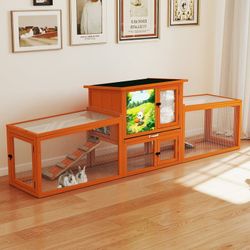 Rabbit Hutch, Orange ,82” Extra Large, Wooden Outdoor Rabbit Hutch Bunny Cage Indoor Easy to Assemble and Durable with Cleaning Tray & Waterproof Roof