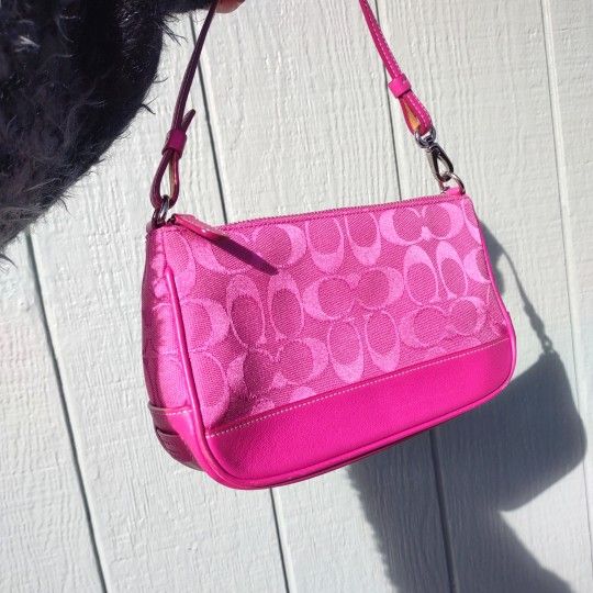 Coach Y2K Hot Pink Demi Baguette Pouchette Signature C Canvas and Leather Shoulder Bag. 