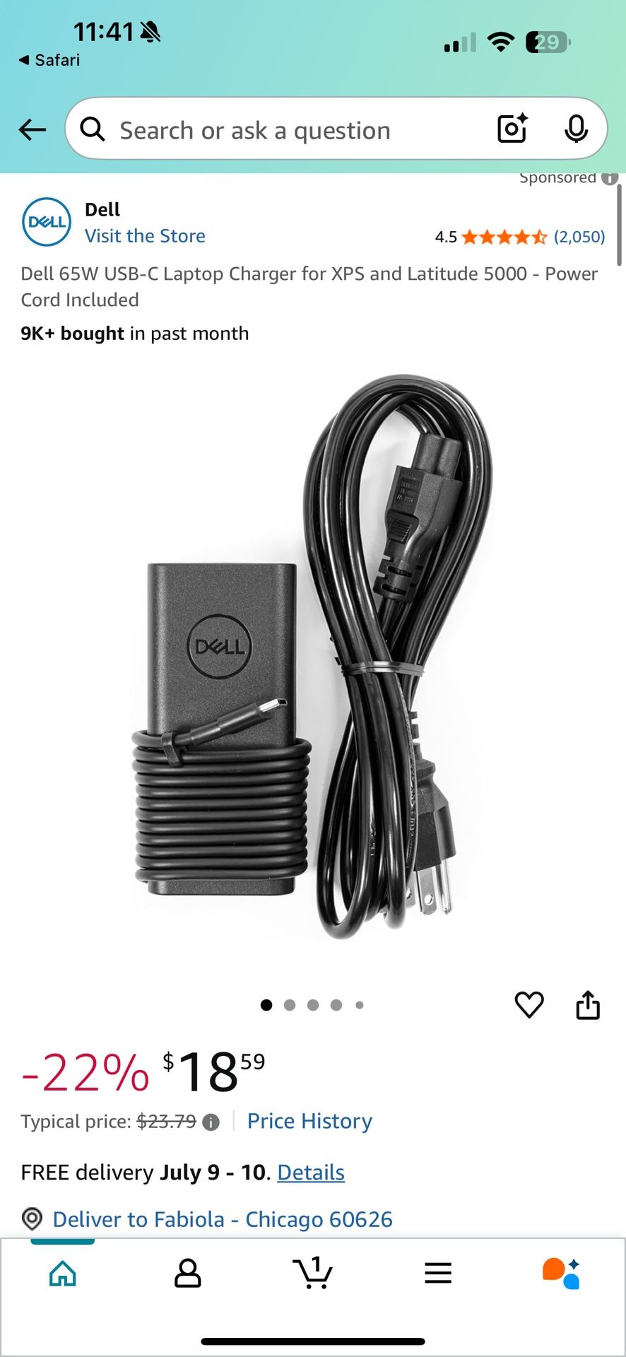 Dell 65W USB-C Laptop Charger for XPS and Latitude 5000 - Power Cord Included