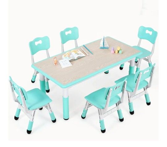 Kids Table and 6 Chairs Set, Height Adjustable Graffiti Desk, Preschool Activity Art Craft Table, for Daycare Classroom Home Boys and Girls Age 3-12 (