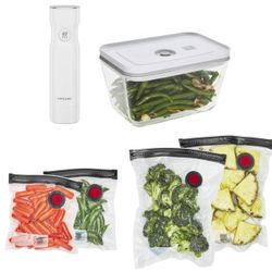 ZWILLING Fresh & Save Vacuum Sealer Machine Starter Set with Airtight Food Storage Container Glass, Sous Vide Bags, Meal Prep