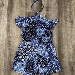 Little Girls Size 10 - 12 Blue & White Geometic Print Romper