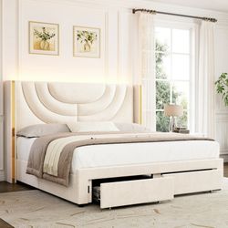 Queen Size LED Bed Frame with 2 Drawer Storage, Wingback Platform Bed with Velvet Upholstered Headboard, Off-White