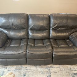 Gray Leather Reclining Couch, Love Seat, and Chair