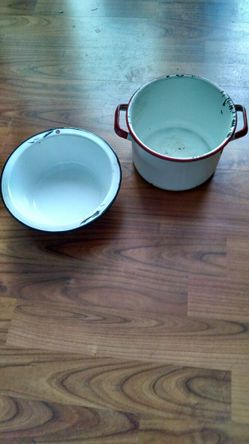Pair Vintage Enamelware pots