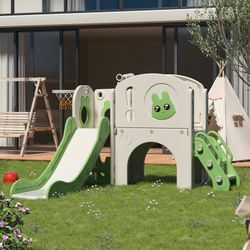 8 in 1 Toddler Slide, Kid Slide Freestanding, for Age 1-3, with Basketball Hoop and Telescope, Indoor Outdoor,Green