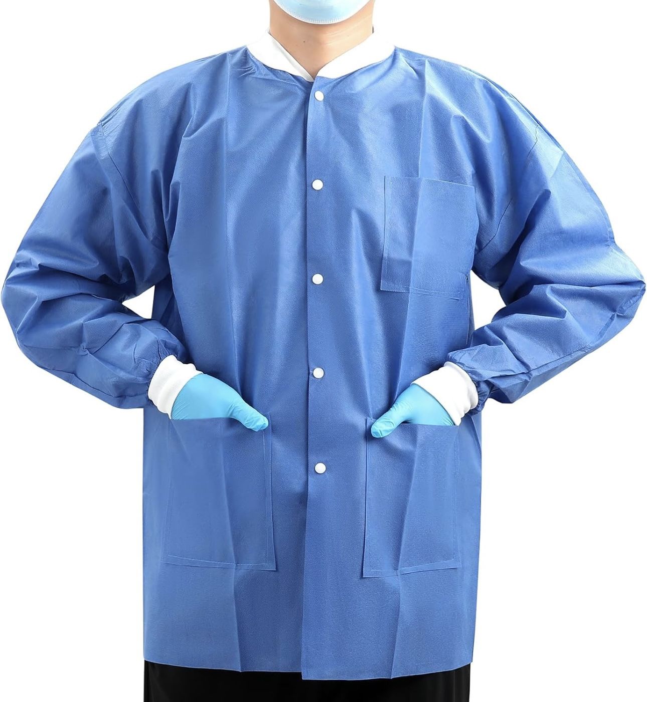 Packs Of 5 Disposable Lab Jackets, SMS Medical Jackets/Coats for Men and Women, Knit Cuffs & Collar, 3 Pockets