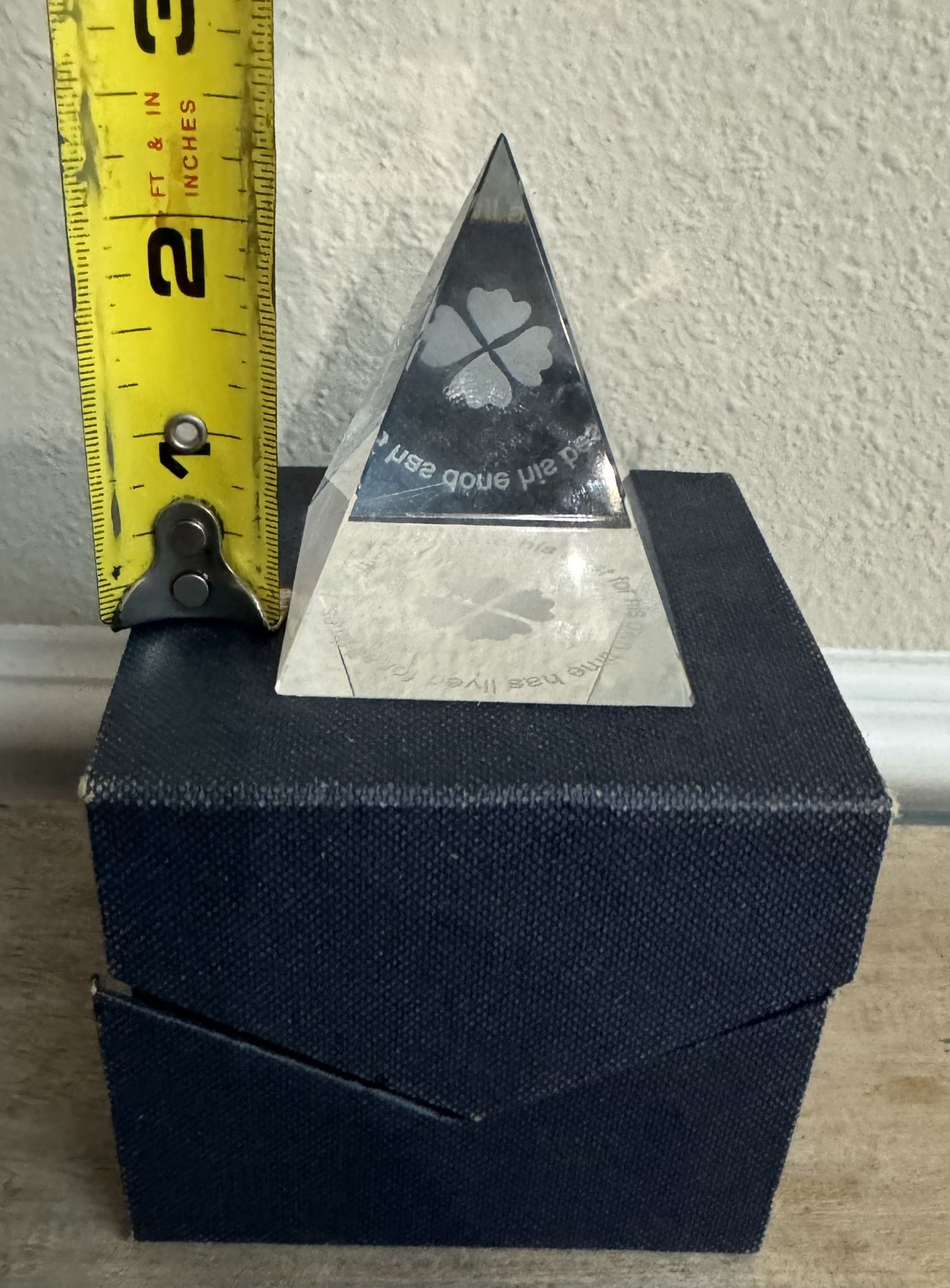 Glass Paperweight, Pyramid Shape w saying etched on bottom, with lined box just $5