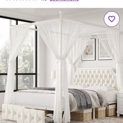 White Artevious Upholstered Metal Canopy Storage Bed