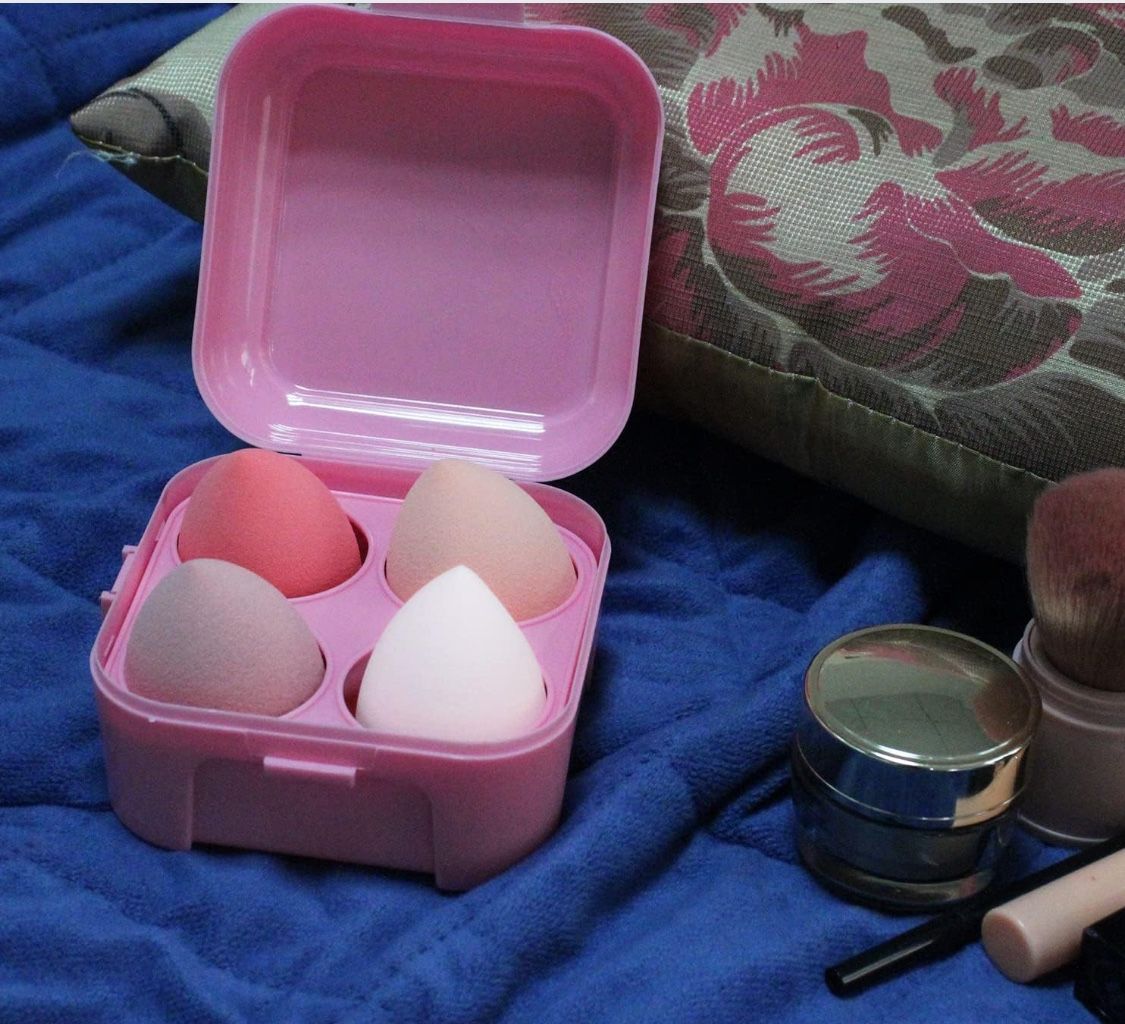 Pink)4 Pcs Makeup Sponges Blender Set,Cosmetics Beauty Sponges with holder box for Foundation Blender,Powder,Liquid and Cream,Dry&Wet Use Makeup Egg S
