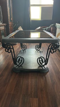 Black Glass Top Coffee Table with Scroll Iron Base