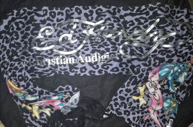 Vintage Y2K Ed Hardy Christian Audigier Purple Leopard Tattoo Print Fringed Scarf Shawl Wrap