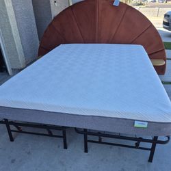 Queen Size Folding Metal Platform Bed Fame,  NOVILLA Memory Foam Mattress,  Article Headboard,  In Perfect Condition Like New 