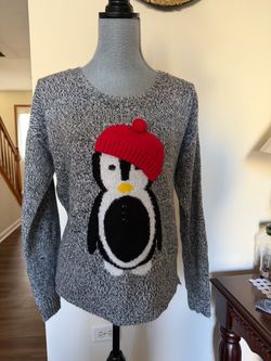 Gray Penguin Knit Holiday Sweater
