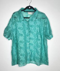 Alfred Dunner Shirt Womens 22W Teal Sheer Embroidered Button Front Blouse Top
