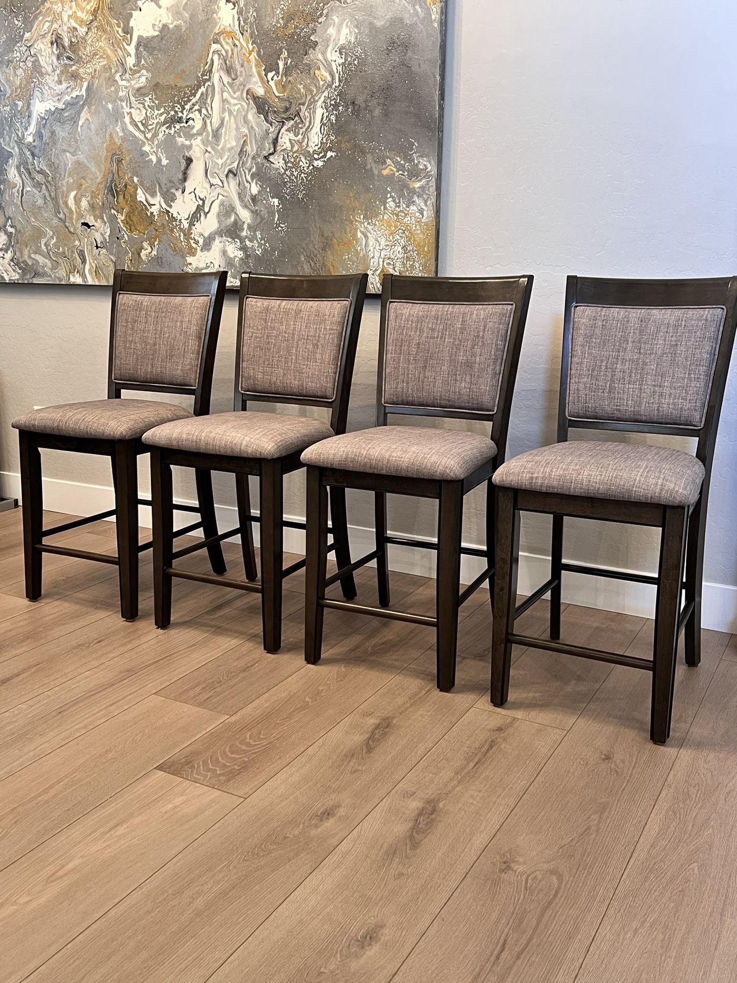 FOUR Grey Fabric Bar Stools- Gray Counter Height Chairs - Counter Stools