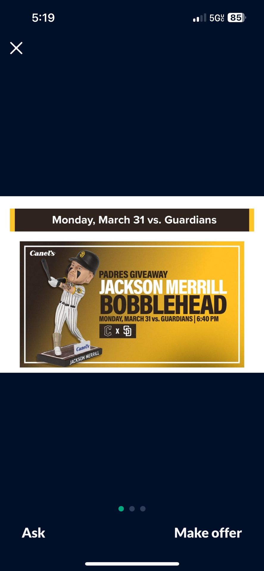 Three San Diego Padres Tickets Tonight Jackson Merril Bobblehead Day 6:40pm 3/31