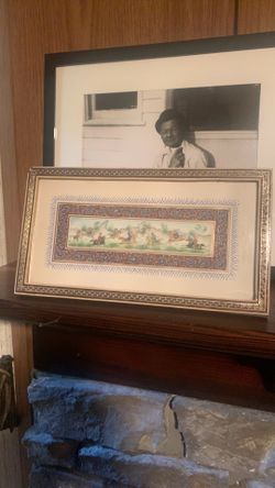 vintage Persian miniature painting is crafted on bone and depicts a bustling hunting scene.