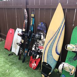 (1) Surfboard, (1) Snowboard, (1) Wakeboard, (2) Water Skis, (2) Bodyboards