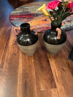 Set of 2 Black Ceramic Vases with Rope Handles
