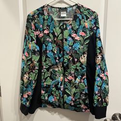 Cherokee Tropical Animal Print Scrub Jacket Zip Women’s Size M