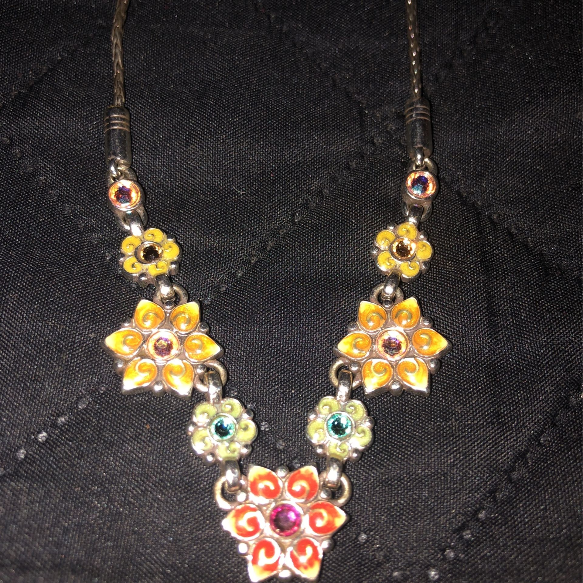 18” Silver Tone Necklace With Flower And Rhinestones,by Brighton