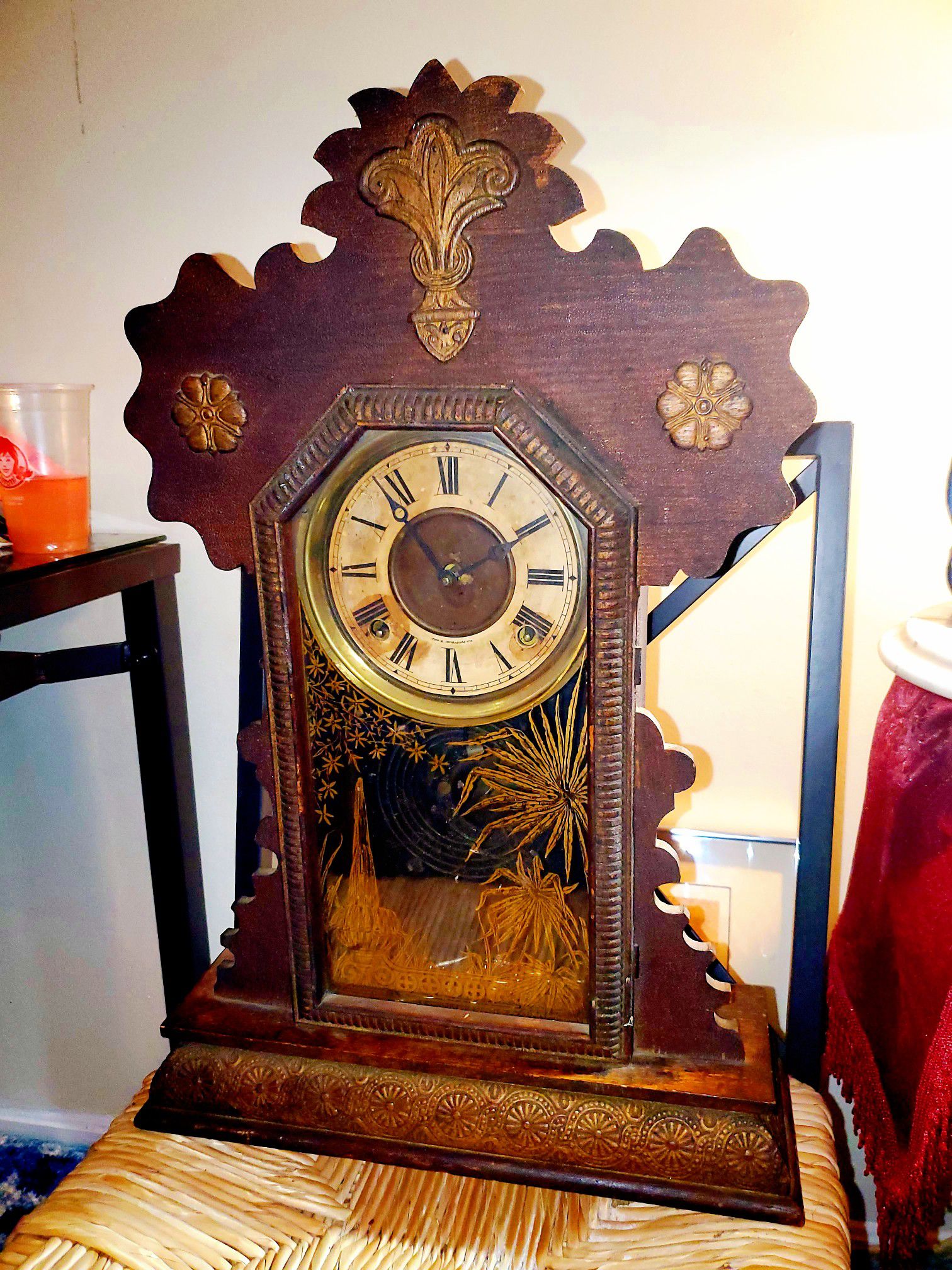rare antique gingerbread clock WM L GILBERT oak mantel key pendulum ORNATE