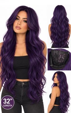 New Long Dark Purple Synthetic Wig 32" Wavy Hair Lace Front Costume Cosplay