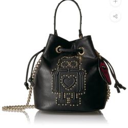 New Betsey Johnson Kiss and Tell Studded Robot Deboss Crossbody Mini Bucket Bag