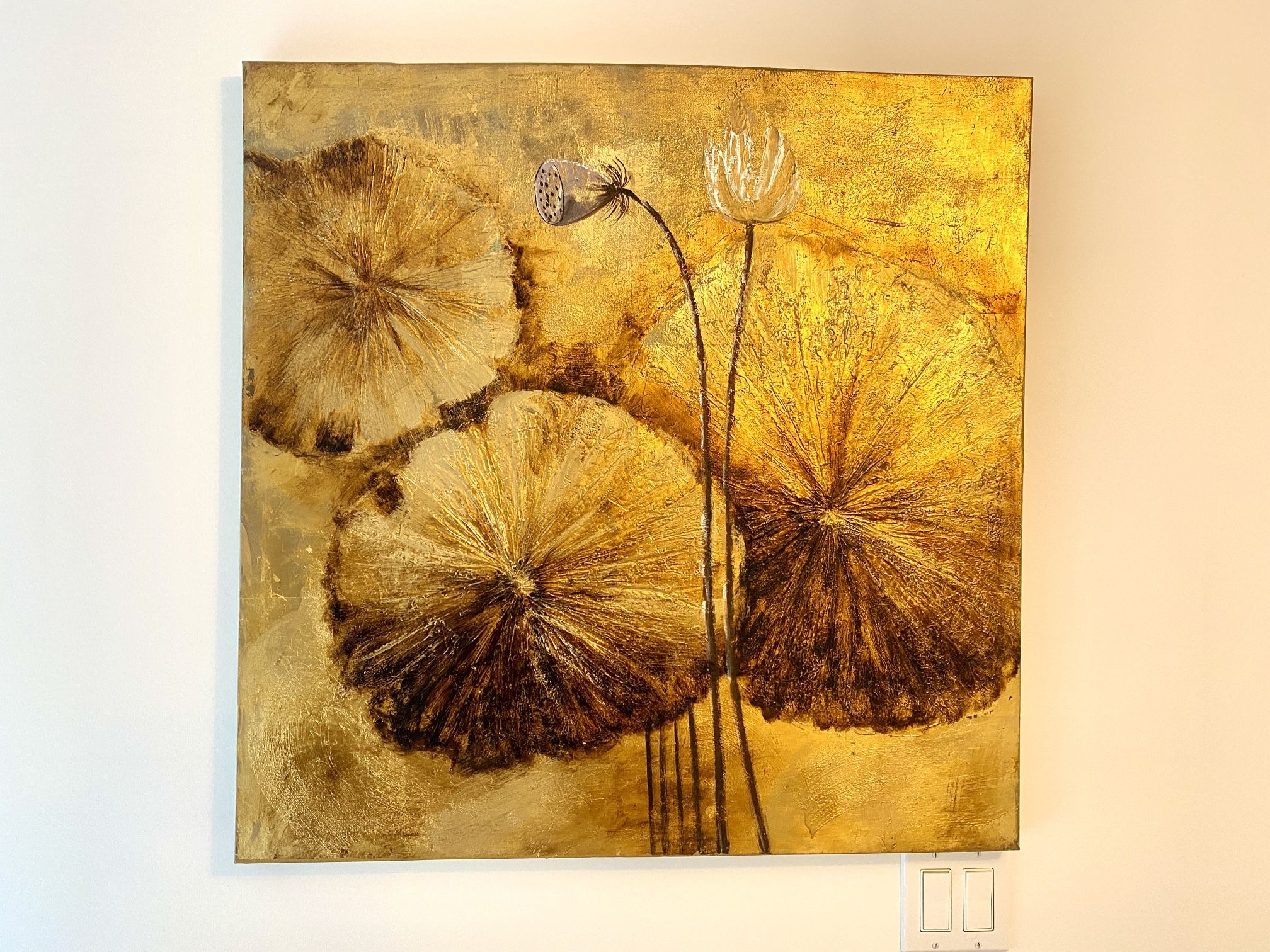Abstract Golden Lotus Leaves Wall Art on Canvas 31x31”