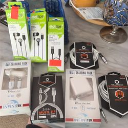 Brand New lot of 8 Apple Phone I pad chargers stereo earbuds with usb connectors car & wall charging packs