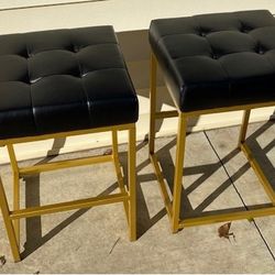 New, Set of 2, HomePop Hayden Open Back Metal 24" Counter Stools - Tufted Black Faux Leather