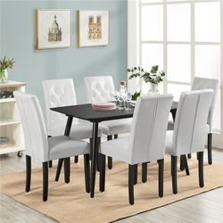Dining Chairs with Leather Seat and Solid Wood Legs Button Tufted Padded Kitchen Chair Accent Side Chair for Home Kitchen and Restaurant, Set of 6, Wh