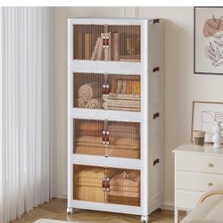 16 Gal Stackable Storage Bins with Lid, 4 Pack Plastic Collapsible Storage Cabinet, Foldable Folding Box Organizer/Storage Container Cart with Wheel a