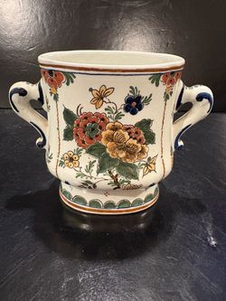 Delft Polychrome Vase Hand Painted Dutch Pottery 5” high x 5.5” wide x 3.5” deep has some crazing (see photo)