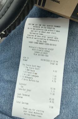 Travis Scott Meal receipt