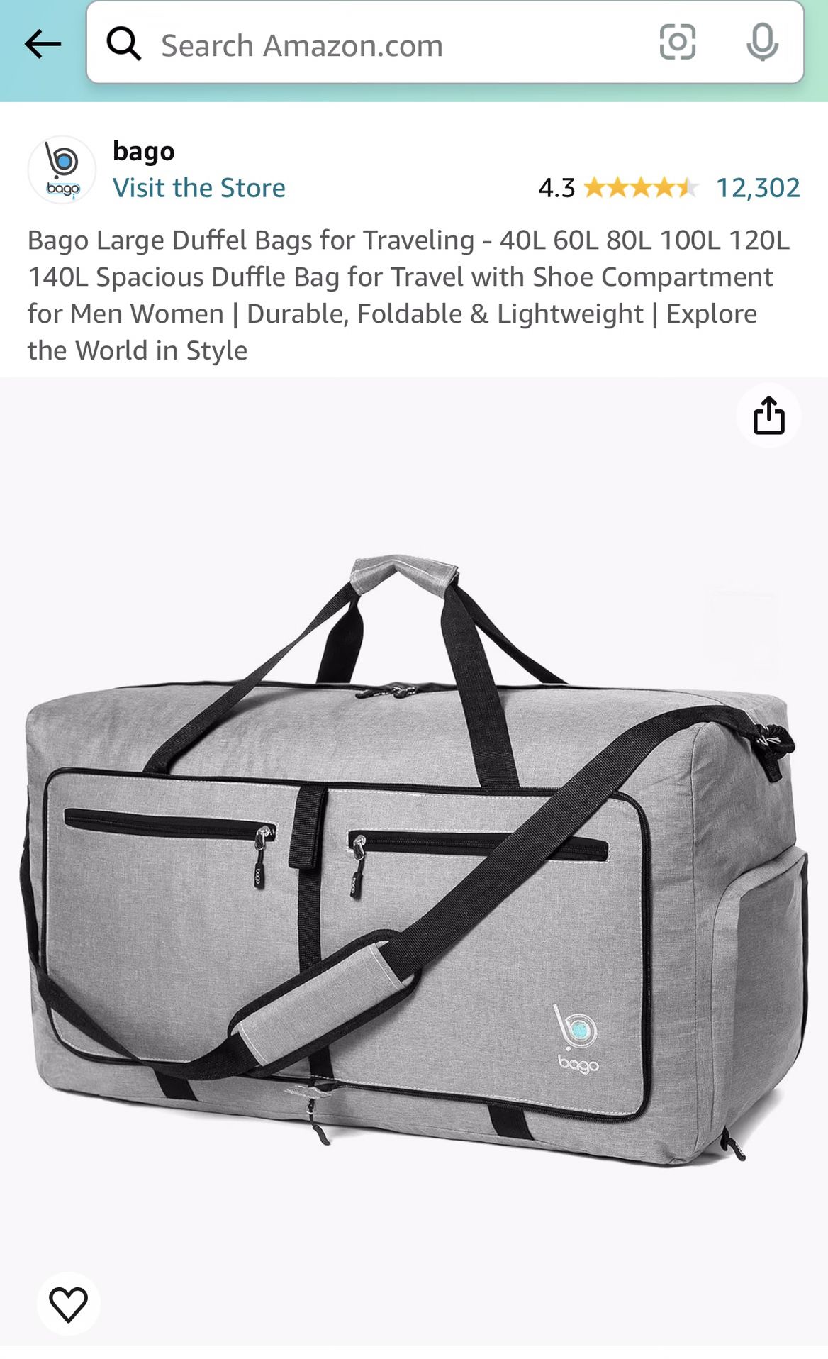 Bago Large Duffle Bag For Traveling - 80L