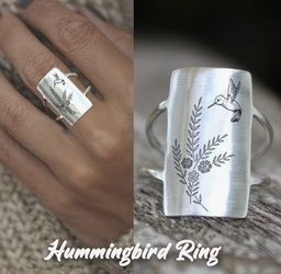 Silver Hummingbird Engraved Statement Ring