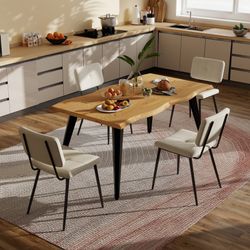 Homy Casa Lancelot 5PC Dining Set 63" Oak Table with 4 Upholstered Chairs Beige Kitchen Dining Room Set for Home Apartment