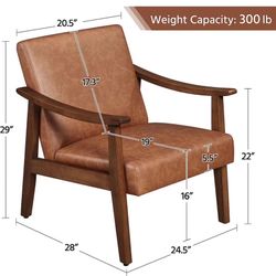  PU Leather Accent Chair, Mid-Century Modern Armchair with Solid Wood Legs, Reading Leisure Chair with High Back for Living Room Bedroom Waiting Room,