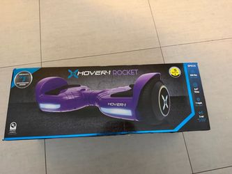 the Hover-1 Rocket Hoverboard in purple, featuring 6.5-inch tires, front LED headlights, a top speed of 7 mph