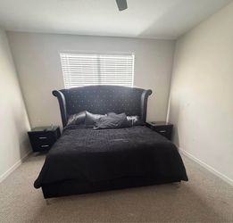 Black Tufted Upholstered King Bed Frame with Nightstands
