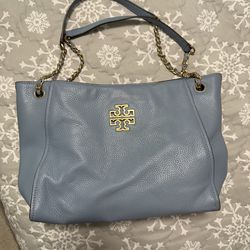 Authentic, Pre-Loved Tory Burch “McGraw” Blue, Pebbled Leather, Large Shoulder Tote Bag Purse
