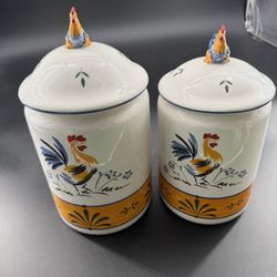 Cute Lot Of 2 Ceramic Chicken Rooster Canisters With Lids