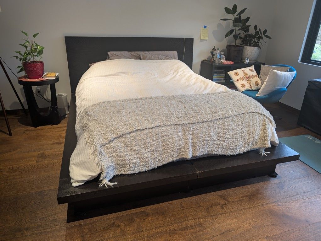Bloomingdale's Queen Size Platform Bed - Dark Wood Headboard