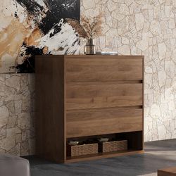 29.52" Mid Century Modern Nightstand, 3-Drawer Bedside Table with Open Shelf, Walnut Brown, Bedroom Dresser and Living Room Storage Cabinet for Small 