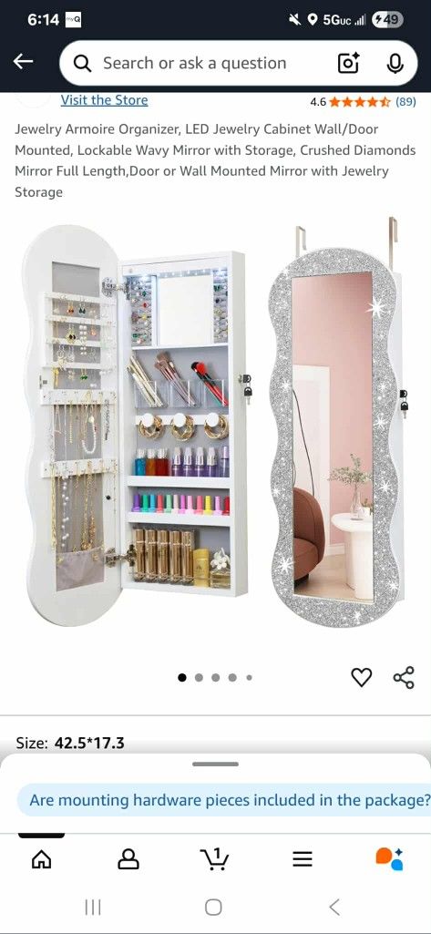 Wall Door Mounted Jewelry Armoire Organizer. New