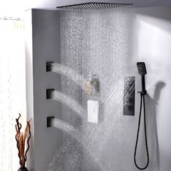 16'' Thermostatic Black Shower System With Hand Shower And 3 Body Jets